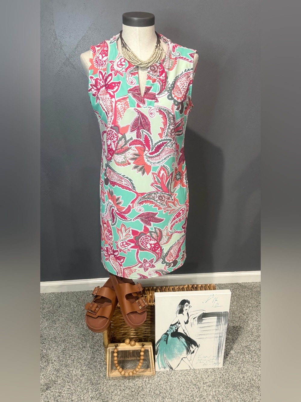 Aryeh Mint and Coral Paisley Shift Dress